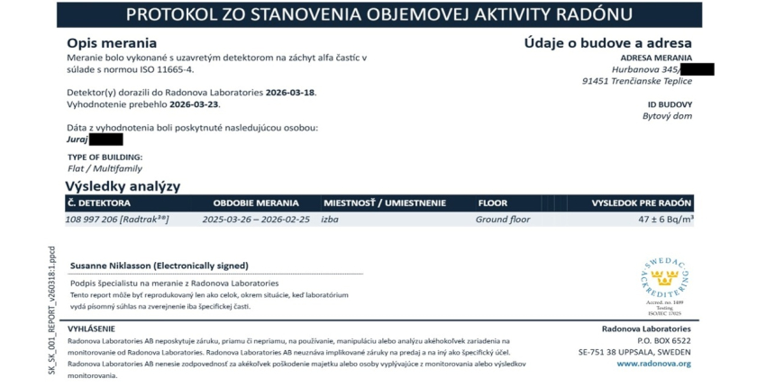 Prvé výsledky meraní radónu v bytových priestoroch